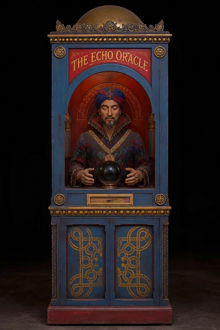 The Echo Oracle fortune machine resting with its eyes closed and lights off.